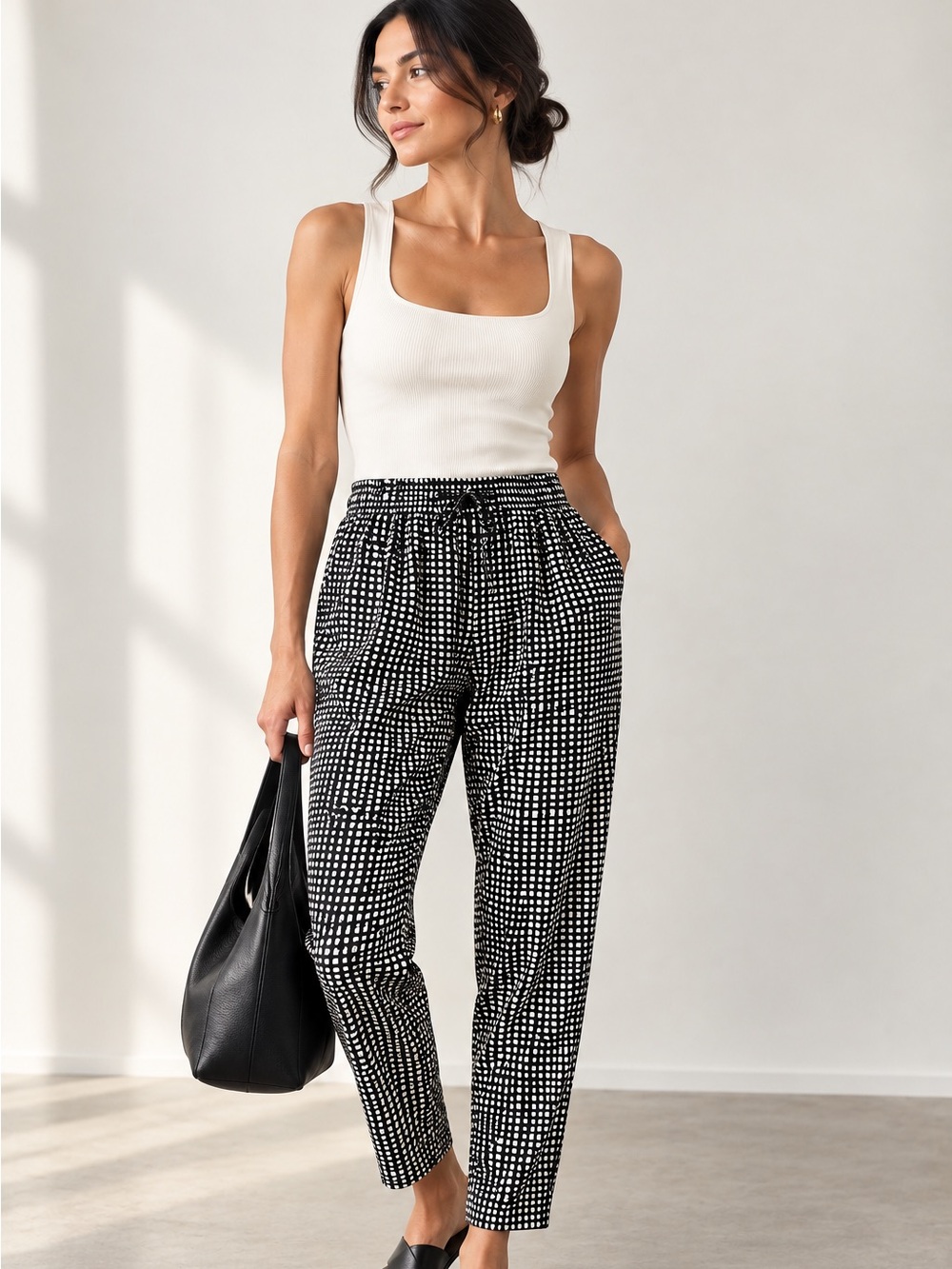 L.K. Bennett London Black Ivory Houndstooth Print Tapered Pull-On Trousers US 2